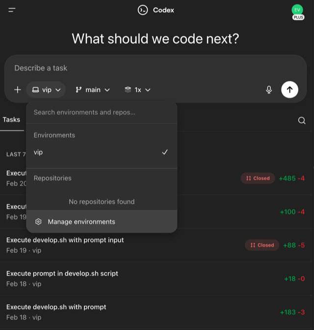 The Codex web interface with the heading 'What should we code next?' and an open dropdown menu titled 'Search environments and repos...'. Under 'Environments', 'vip' is listed and marked with a checkmark. Under 'Repositories', the message 'No repositories found' is displayed. At the bottom is an option to 'Manage environments'. The background shows a list of executing tasks.