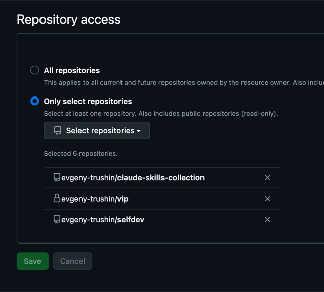 A GitHub settings page labeled 'Repository access'. The radio button for 'Only select repositories' is chosen instead of 'All repositories'. Below the selection is a 'Select repositories' dropdown indicating 6 repositories have been selected. The visible selected repositories are 'evgeny-trushin/claude-skills-collection', 'evgeny-trushin/vip' (marked with a lock icon indicating a private repository), and 'evgeny-trushin/selfdev'. At the bottom are green 'Save' and gray 'Cancel' buttons.