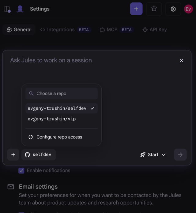 A dark-themed web interface for Jules (indicated by a purple octopus logo next to 'Settings'). A central modal dialog titled 'Ask Jules to work on a session' is open. The modal contains a repository selection dropdown currently showing 'evgeny-trushin/selfdev' with a checkmark next to it, and 'evgeny-trushin/vip' below it. An option to 'Configure repo access' is also visible. At the bottom of the active session area are buttons, including one with a GitHub icon labeled 'selfdev' and a 'Start' dropdown button. Behind the modal, the Settings background shows tabs like 'General', 'Integrations BETA', 'MCP BETA', and 'API Key', as well as 'Email settings'.