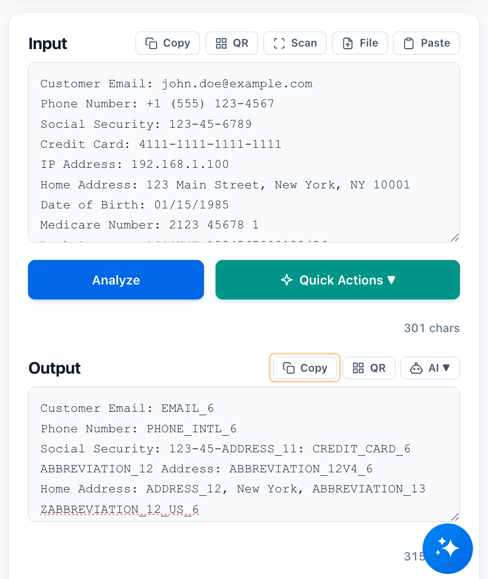 The Obfuscate web interface showing an Input panel with sample PII data (email, phone, SSN, credit card, IP address, home address, date of birth, Medicare number) and an Output panel with tokenized replacements (EMAIL_6, PHONE_INTL_6, CREDIT_CARD_6, ADDRESS_12, etc.). Analyze and Quick Actions buttons are visible between the panels, with character counts displayed.